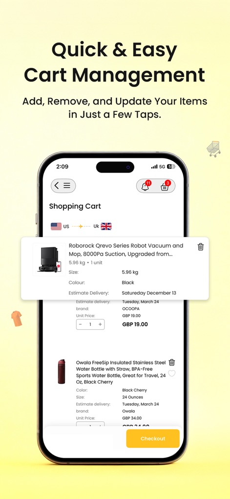 Ubuy: International Shopping - The app provides 'Quick & Easy Cart Management', allowing users to view product details, adjust quantities, and see estimated delivery dates for items.