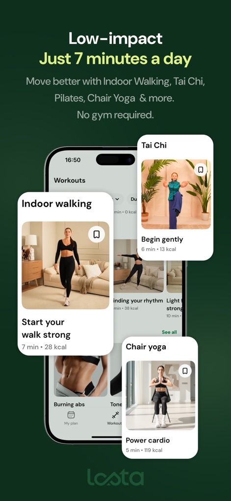 Lasta Fit: Your Wellness Coach - Users discover accessible low-impact workouts like "Indoor walking" and "Chair yoga," providing effective movement options in just minutes a day.