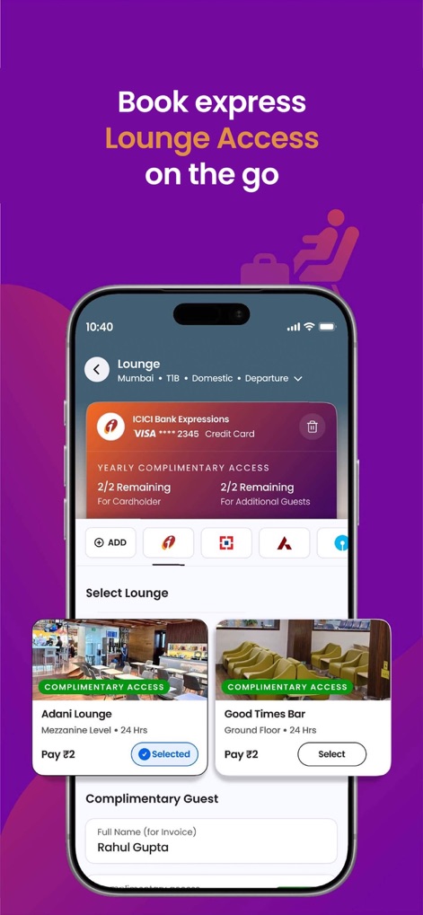 Adani OneApp: For Smart Travel - Users can easily verify card eligibility for lounge access and choose from various lounge options like the Adani Lounge or Good Times Bar for a comfortable wait.