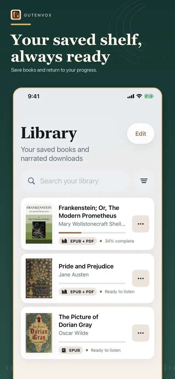 Gutenvox screenshot: Your saved shelf, always ready