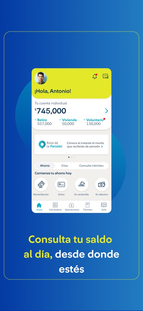 Afore SURA: Ahorro y Retiro - La interfaz de inicio muestra el resumen financiero personal, destacando el saldo total de $745,000 y el acceso rápido a la 'Ruta de la Pensión®' para planificar el futuro.