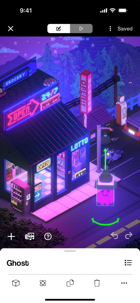 Rooms - The editing interface highlights an object with clear manipulation handles for precise adjustments, supported by a comprehensive bottom toolbar offering various customization tools.