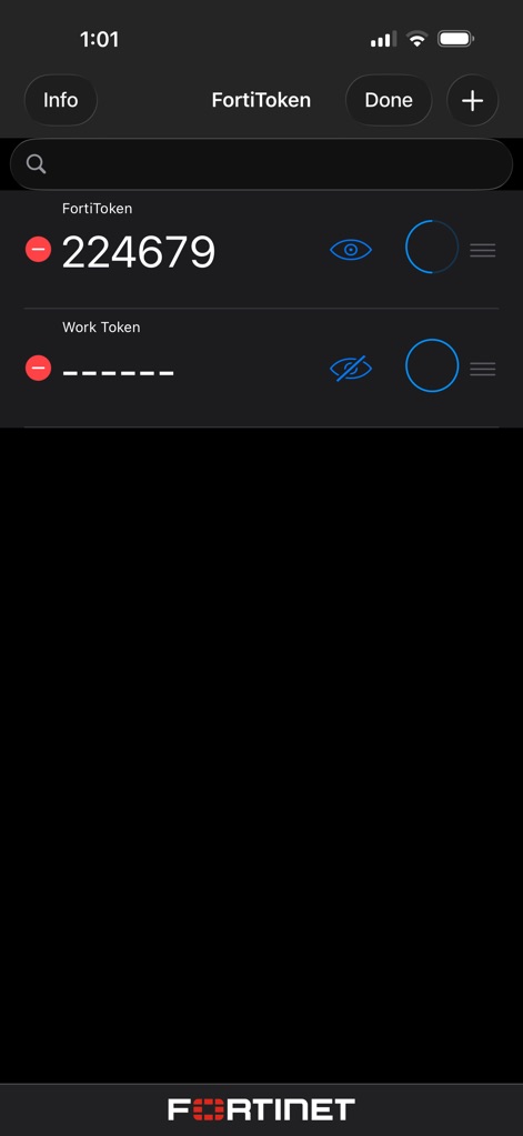 FortiToken Mobile - This interface allows for streamlined token organization, indicated by the 'Done' button and a clear red minus icon for removal actions.