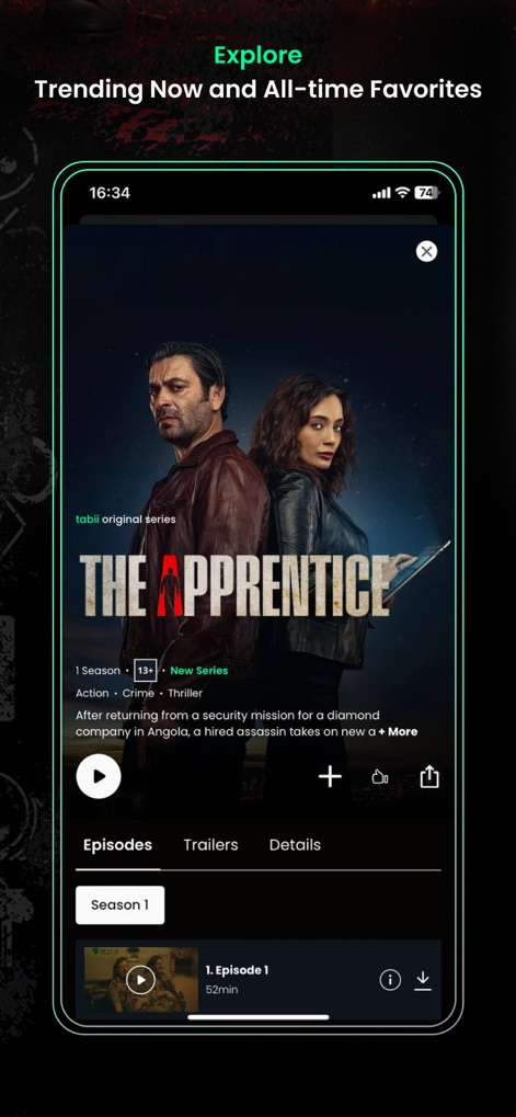 tabii - Dieser Screenshot verdeutlicht die detaillierten Informationen zu einer Serie, inklusive spezifischer Staffel- und Episodendetails sowie relevanter Genre-Tags wie „Action“ und „Thriller“.
