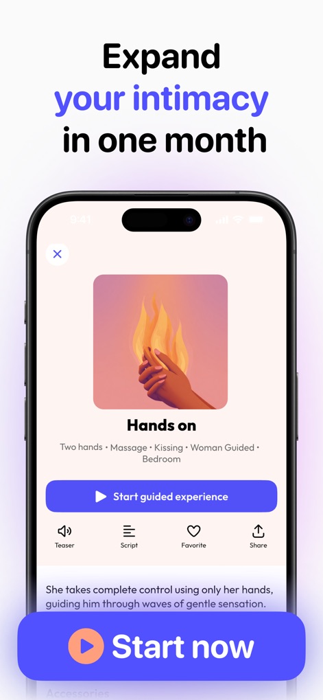 Melba: Couples & Intimacy - This interface provides a detailed overview of each session, allowing users to "Start guided experience" and access the full "Script" for preparation.