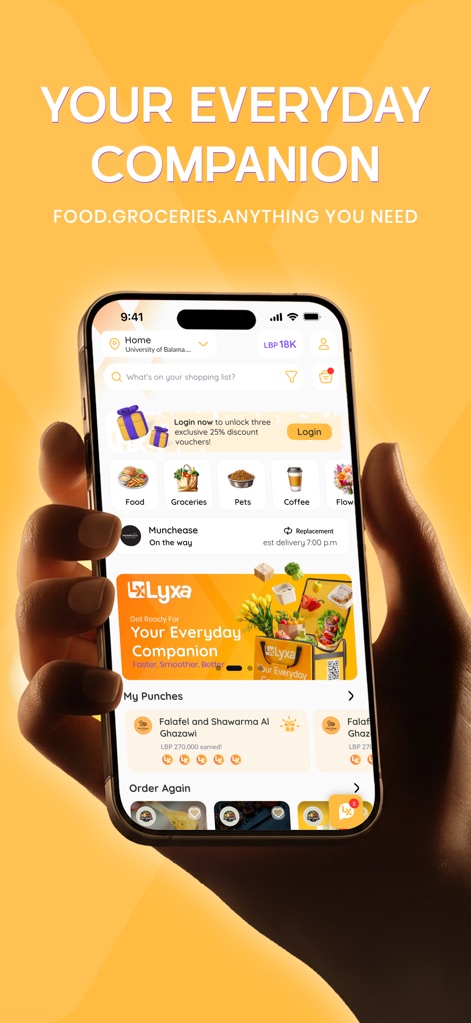 LYXA - ليكسا - La aplicación presenta una interfaz intuitiva con categorías de servicio claras como 'Food' y 'Groceries', junto con atractivas ofertas que invitan al usuario a iniciar sesión para descuentos exclusivos.