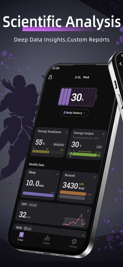 BodyCharge - Health Monitor - The app provides deep scientific analysis, offering a detailed dashboard with metrics like 'Body Battery 30%' and specific 'HRV and RHR readings' for a comprehensive understanding of physiological data.