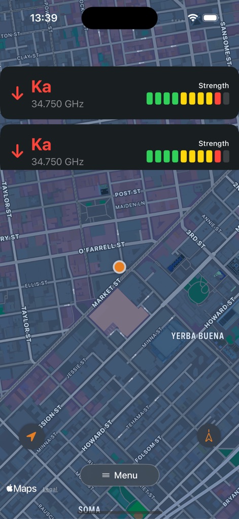 Dukes App - See how Dukes App presents immediate 'Ka' band radar alerts with dynamic strength indicators directly on the navigation map.