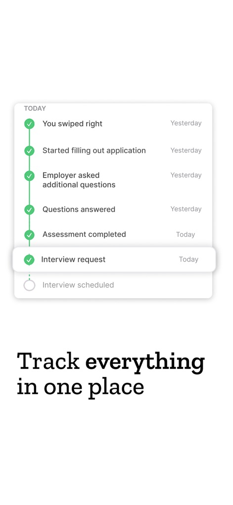 Sorce - AI Job Search - Users gain complete oversight of their job search with a detailed timeline tracking every stage, from "You swiped right" to an "Interview request".