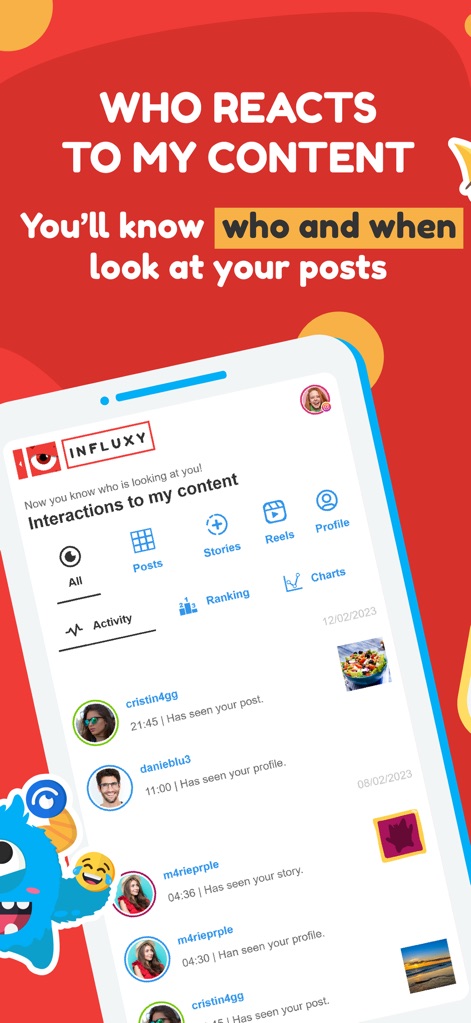 Influxy - Delve into detailed engagement reports, showcasing specific user actions like 'Has seen your post' and content type tabs for Posts, Stories, and Reels.