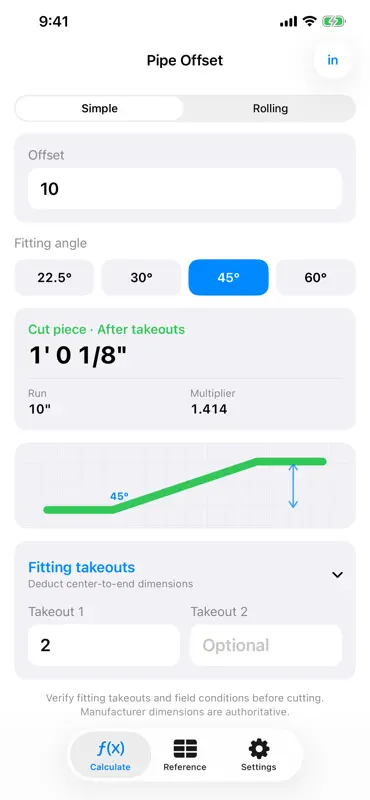Pipe Offset Calc: Rise & Roll screenshot 1 of 5
