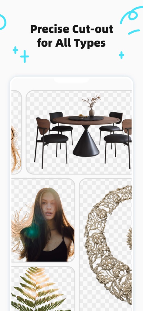 CocoAI - BG Remover - The app showcases its ability to deliver precise cut-outs for all types of images, from complex objects like necklaces to natural elements such as ferns.