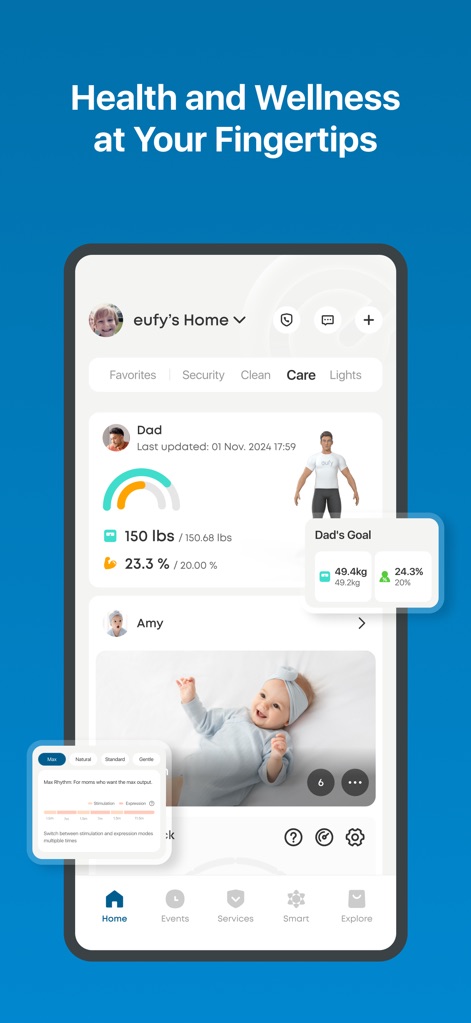 eufy - Users gain insight into personal health metrics like body fat percentage and conveniently monitor infant care devices, including specific "Simulation" and "Expression" modes for breast pumps.