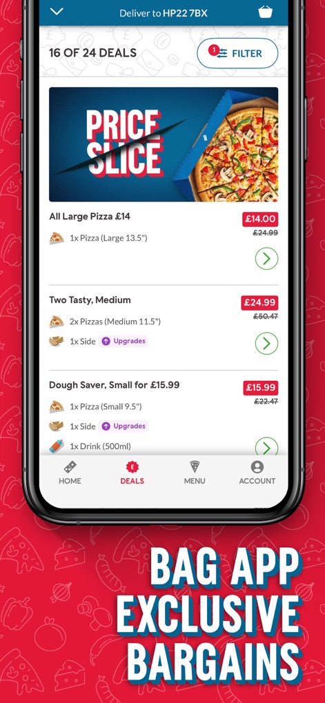 Domino's Pizza Delivery UK&ROI - La aplicación presenta una sección dedicada a 'DEALS' con el distintivo banner 'PRICE SLICE' y una lista detallada de descuentos, como 'All Large Pizza £14'.