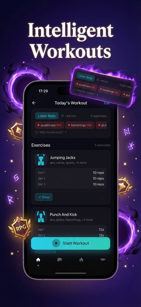 GymLevels: Ranked Gym Workouts - Witness the intelligent workout generation, presenting a tailored exercise list and explaining the muscle focus with a 'Why this workout?' breakdown.