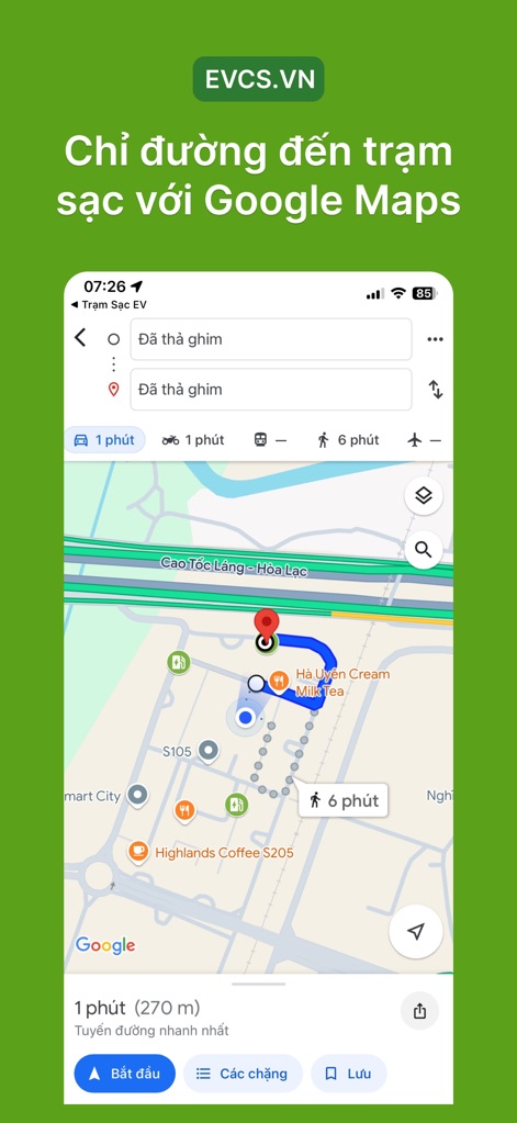 Trạm Sạc EV - Effortlessly navigate to chosen charging stations using the app's direct integration with external mapping services like Google Maps for clear route guidance.