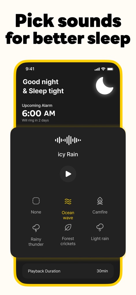 SuperAlarm - Loud Alarm Clock - Beyond alarms, the app provides tools for better sleep, including a selection of ambient sounds like "Ocean wave" and controls for playback duration.