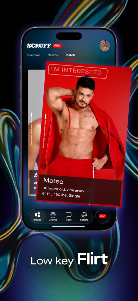SCRUFF - Gay Dating & Chat - Users can express interest easily on profiles, as showcased by the large profile image and the clear 'I'm Interested' button, facilitating direct engagement.