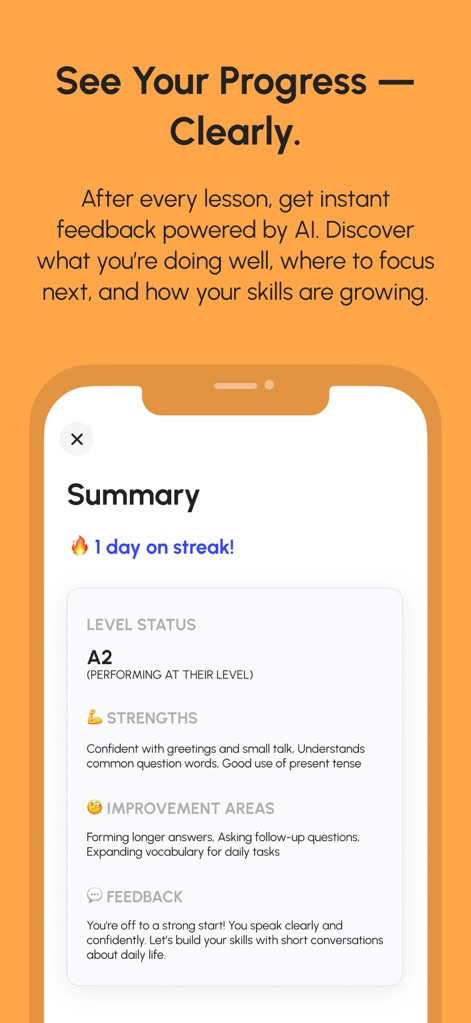 LingoChatAI: Speak Confidently - Después de cada lección, la aplicación ofrece un "Summary" con retroalimentación instantánea. Los usuarios pueden ver su "Level Status A2" y áreas de mejora como "Forming longer answers".