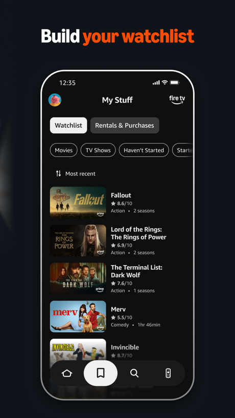 Amazon Fire TV App Store screenshot 6, headline “Build your watchlist”. User or download count.