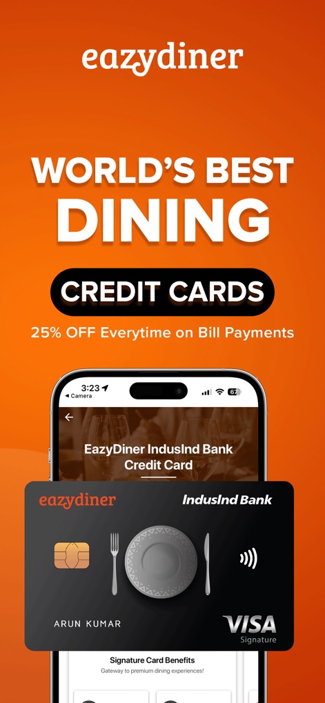 EazyDiner : Eat Out & Save - Esta captura revela a integração com 'cartões de crédito de jantares exclusivos', como o EazyDiner IndusInd Bank Credit Card, prometendo '25% de desconto' em pagamentos de contas para seus usuários.