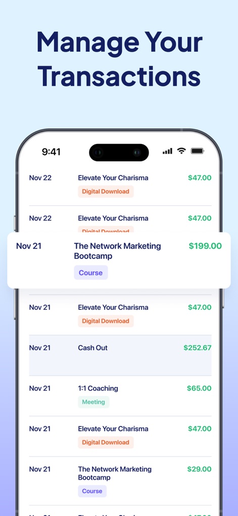 Stan: Link in Bio for Creators - Os usuários podem acompanhar um histórico detalhado de transações, organizadas por data e categorizadas por tipo de item, como 'Digital Download' e 'Course', permitindo uma gestão financeira transparente.