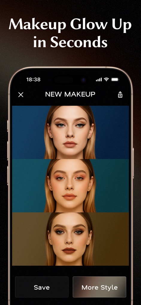 Glowify - AI Hairstyle Try On - This feature showcases instant makeup transformations through stacked makeup previews for easy comparison and offers diverse makeup styles to enhance any look.