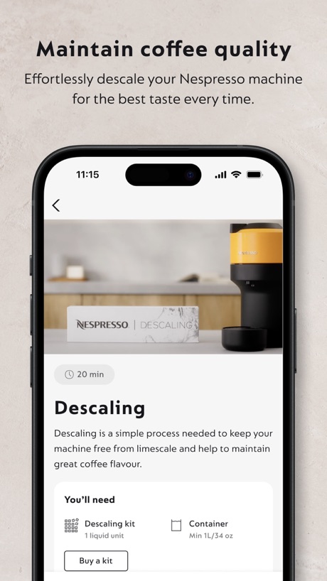 Nespresso Smart App Store screenshot 6, headline “Maintain coffee quality”. Leads with an outcome.