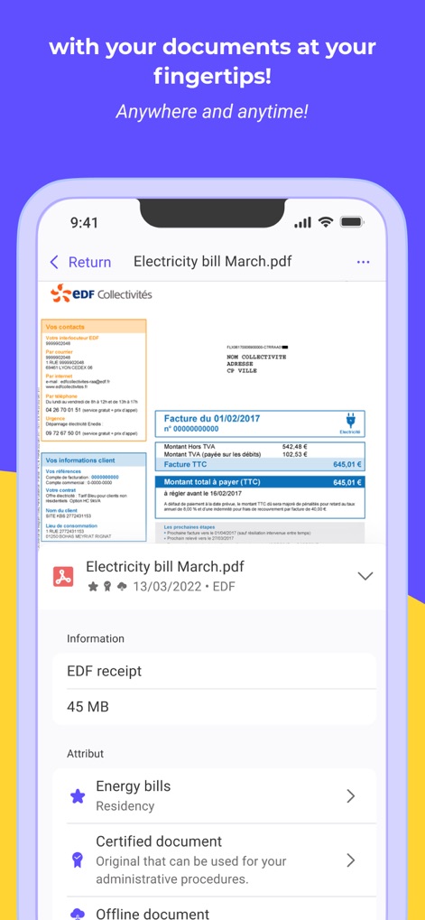 Digiposte: secure storage - The app offers a clear display of documents, such as an "Electricity bill March.pdf", and indicates their official status with a "Certified document" label.