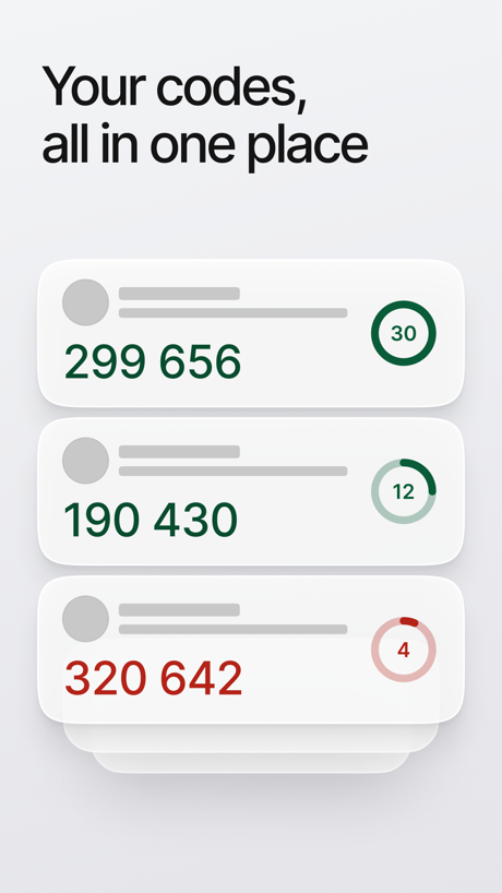 ID.me Authenticator App Store screenshot 2, headline “Your codes, all in one place”. No phone, bare screen.