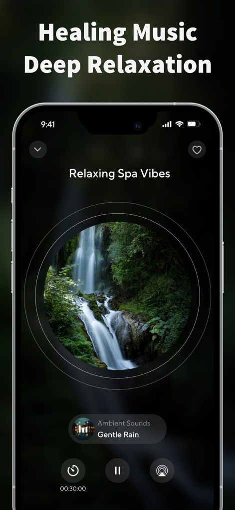 ColorSleep: Green, Brown Noise - Esta captura muestra la categoría de Música Sanadora, presentando la opción "Relaxing Spa Vibes" junto con el sonido ambiental "Gentle Rain" y un temporizador de "00:30:00".