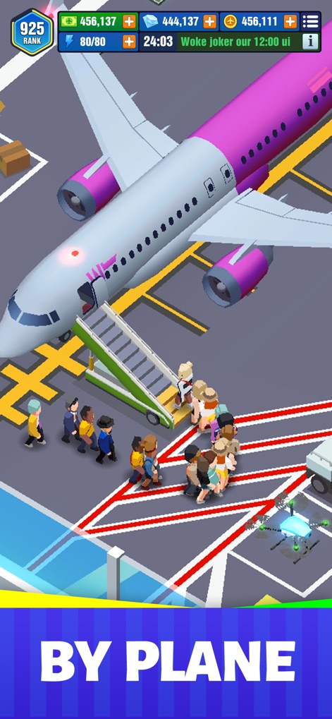 Idle Airport Empire Tycoon - Witness passengers boarding a large aircraft via the boarding stairs, illustrating the crucial steps of flight departure.