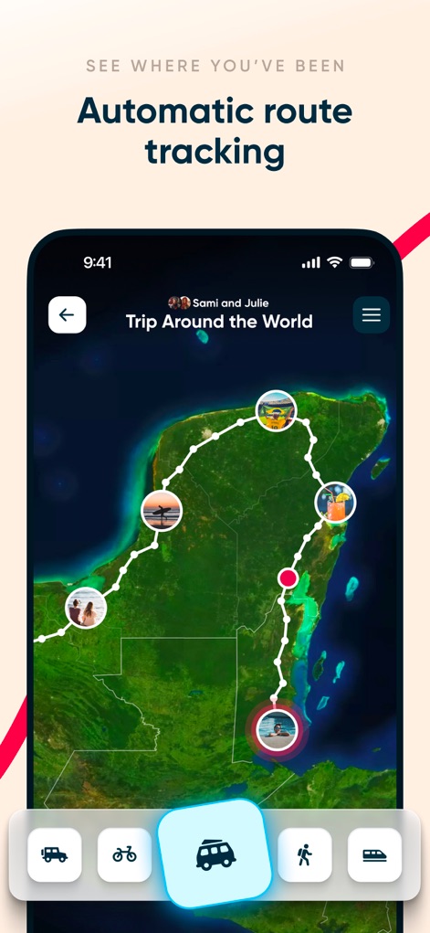 Polarsteps - Users can see their "Trip Around the World" automatically plotted on a detailed map, with interactive icons allowing selection of various transport modes like bus or train.