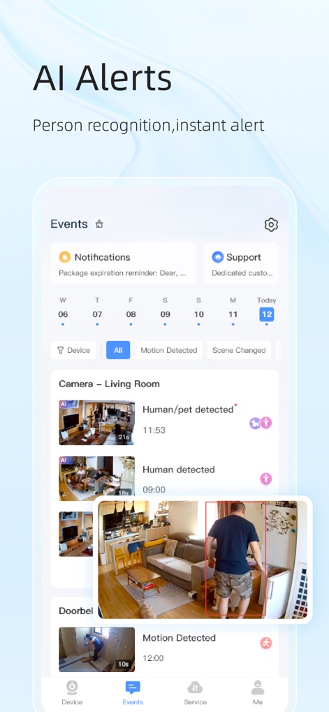 EseeCloud(IP Pro, VR Cam) - Diese Ansicht zeigt eine detaillierte Liste der erkannten Ereignisse wie "Human/pet detected" mit Zeitstempeln und bietet visuelle Miniaturansichten der Vorfälle zur schnellen Überprüfung.