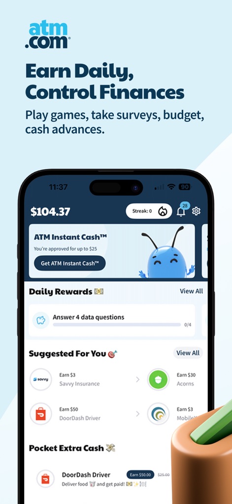ATM Cash Advance・Instant Money - このアプリのメインダッシュボードでは、利用可能な「インスタントキャッシュの承認額」と、デイリーリワードや「副収入獲得の機会」をユーザーは視覚的に確認できます。