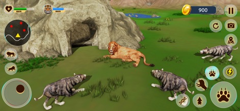 Lion Hunting Simulator Game - The app reveals a lion in a moment of rest near a cave entrance, surrounded by other detailed animal models.