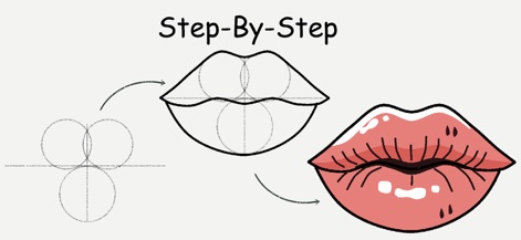 ArtLoop: How To Draw Lessons - The app provides clear, sequential step-by-step tutorials that guide users through drawing complex shapes, such as these detailed lips, from basic lines to finished artwork.