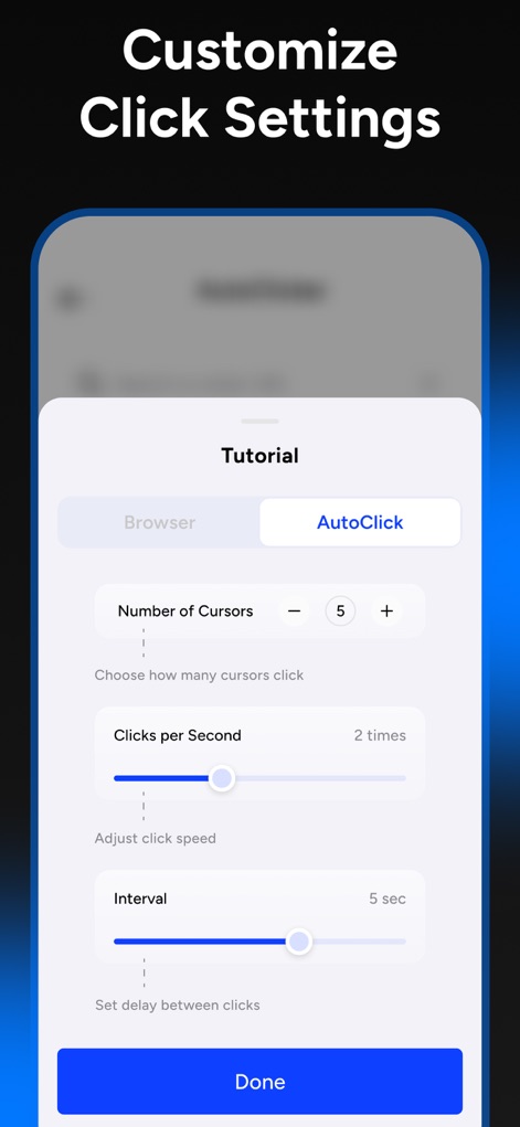 Auto Tapper Assistant App - Users can customize "Clicks per Second" and fine-tune the "Interval" between taps for optimal performance.