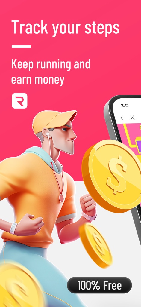 Runtopia-Reward RunningTracker - This initial screen clearly presents the app's core value proposition with the prominent 'Track your steps' text and engaging floating gold coins, symbolizing the reward system.