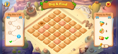 Bingo Pop: Play Online Games - この「Dig & Find」ミニゲームでは、プレイヤーは発掘グリッドをタップしてアイテムを見つけ出し、左側の進行度と右側に表示された発見目標を達成します。