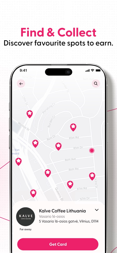 Magic Stamp - Explore the app's intuitive map interface, showcasing star-shaped location pins for participating businesses, and seamlessly enroll in loyalty programs using the displayed business listing and 'Get Card' option.