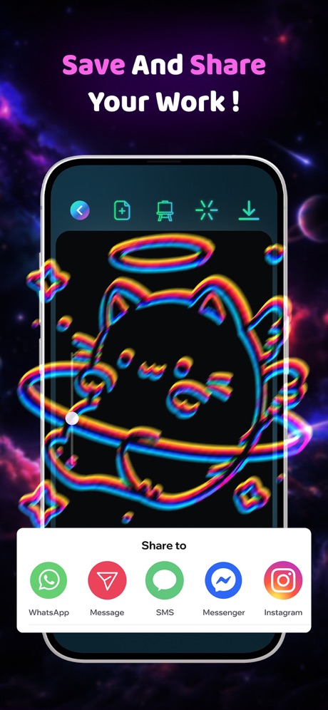 Doodle Magic: Glow Art Drawing App Store screenshot 5, headline “Save And Share Your Work !”. Exclaims.