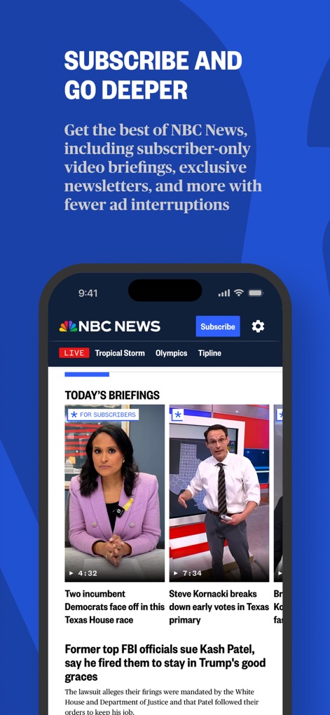 NBC News: Breaking & US News - Découvrez des "briefings" vidéo exclusifs, clairement identifiés "FOR SUBSCRIBERS", offrant des analyses approfondies avec des durées précises comme 4:32 et 7:34, pour une expérience enrichie.