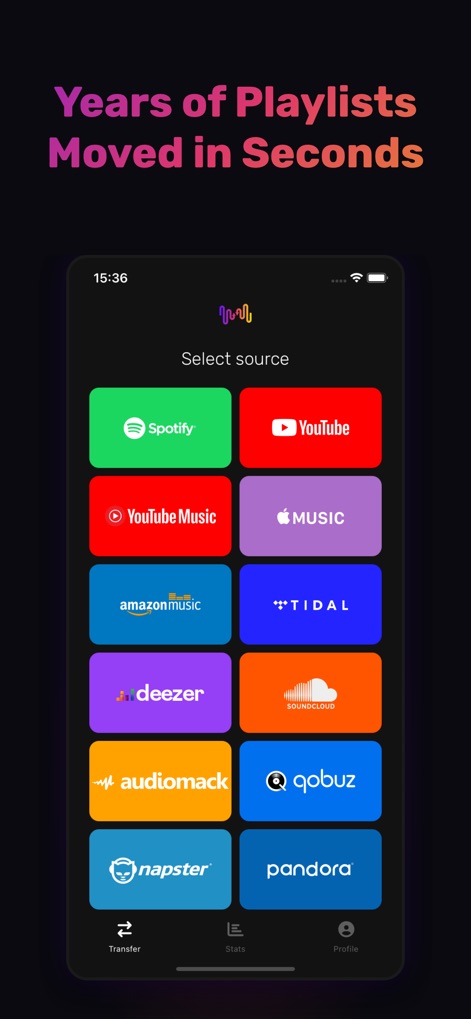 FreeYourMusic: Move Playlists - Esta pantalla exhibe una extensa cuadrícula de logos de servicios de streaming, como Spotify y Apple Music, permitiendo una selección intuitiva de la plataforma de origen, complementada por el claro encabezado "Select source" que guía al usuario.