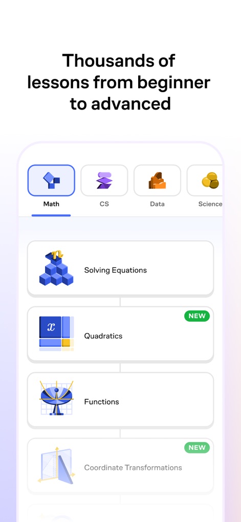 Brilliant: Learn by doing - Learners can navigate through organized course categories and select from a range of visually presented topic tiles, from foundational to advanced.