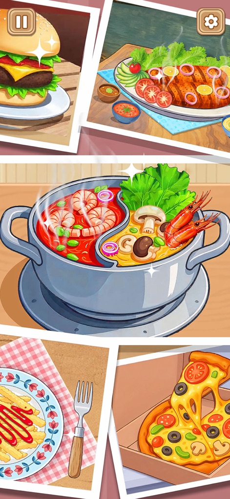 Crazy Kitchen Set Cooking ASMR - Os usuários exploram um rico menu de pratos, desde o clássico hambúrguer com queijo até a inovadora sopa estilo yin-yang, revelando a diversidade gastronômica do aplicativo.