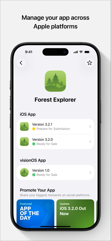 App Store Connect App Store screenshot 2, headline “Manage your app across Apple platforms”. Says “you” or “your”.