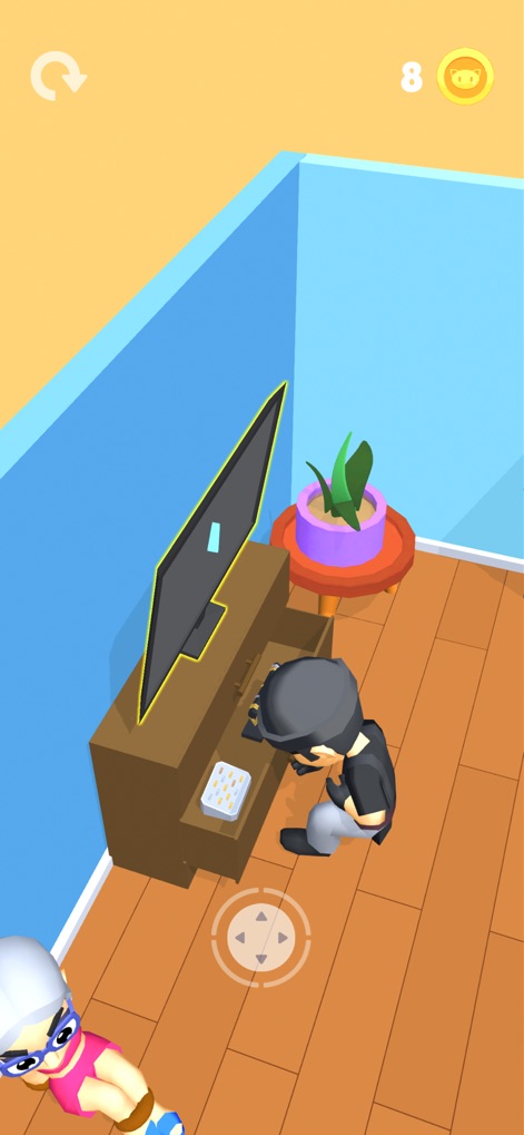Spooky Cat - This scene reveals a 'thief' character actively engaged near a television, demonstrating the interactive elements and the app's detailed indoor settings.
