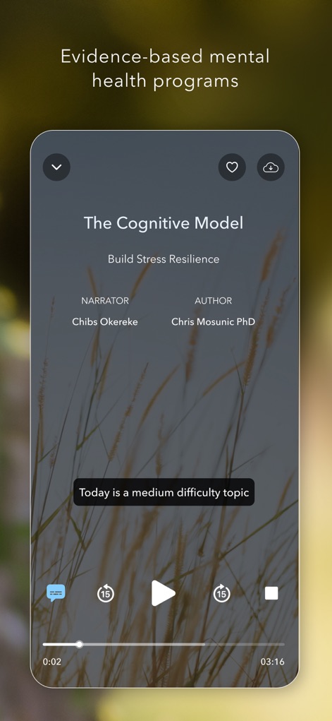 Calm Health - Within a session, the app clearly displays the narrator and author, such as Chibs Okereke, while providing essential playback controls for a seamless listening experience.