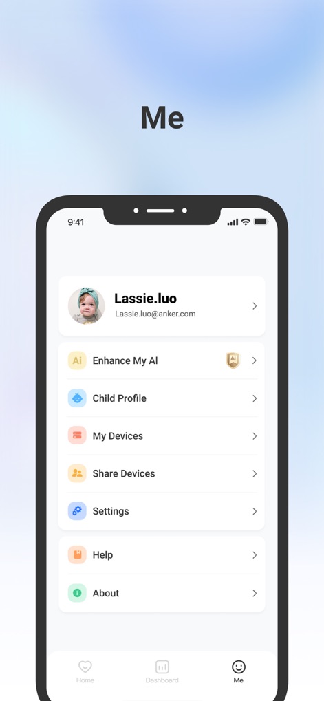 eufy Baby - The 'Me' tab serves as a central hub for managing personal settings, offering quick access to 'Child Profile' management and options for 'Share Devices'.